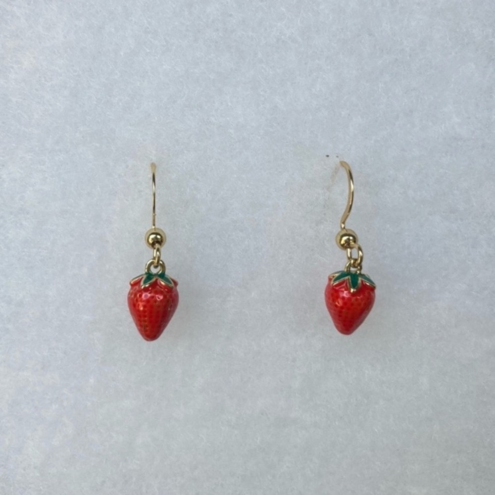 Gold Strawberry Drop Earrings - Red Strawberry Charm Earrings